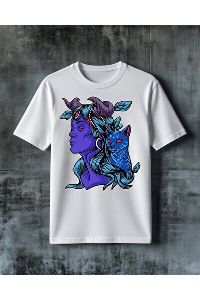 COMVİCHO Blue Cat Girl Savas Printed Oversize T-Shirt