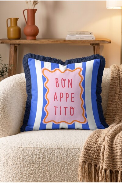 IdeCraft Bon Appetito Written Striped Fringed Throw Pillow Cover Navy Blue Ta...