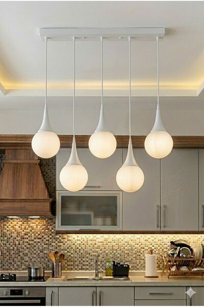 VENON Elora 5.li SIRALI ✨ BEYAZ ✨ BEYAZ GLOP CAMLI ✨ Yemek Masası Avizesi Sal...