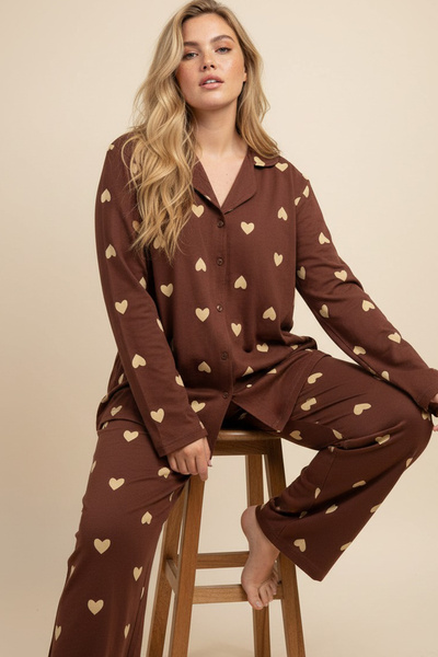 Siyah İnci Brown Heart Patterned Curve Plus Size Oversized Buttoned Knitted C...