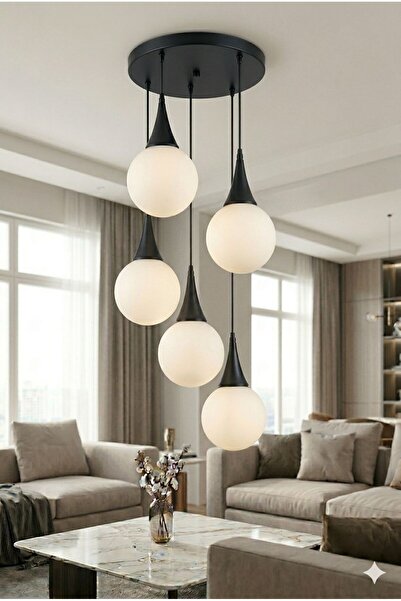 VENON Elora 5.li Sarkıt Yuvarlak ✨SİYAH ✨ BEYAZ GLOP CAMLI ✨ Salon Avizesi Mo...