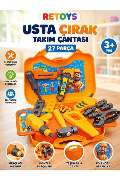 Retoys Oyuncak Eğitici Çantalı Matkaplı Tornavida Tamirci Seti 27 Pcs