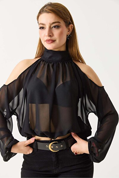 Raneel Kazançlı Alışveriş Halter Neck Full Transparent Off-Shoulder Blouse Black