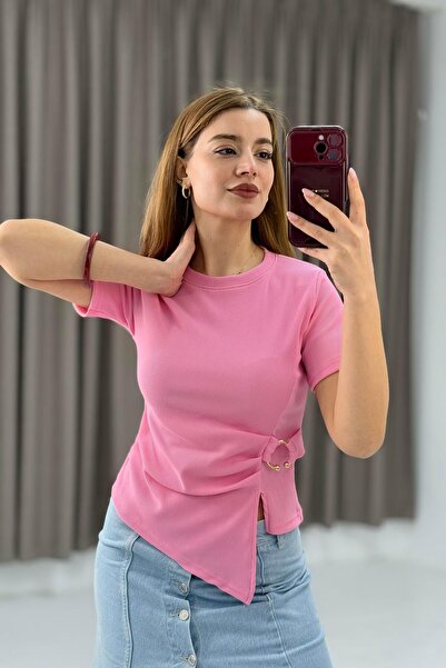 Raneel Kazançlı Alışveriş Women's Side Buckle Asymmetrical Cut Corset Short Sleeve Blouse Pink