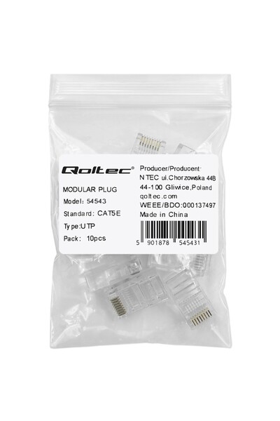 Qoltec Conectori RJ45 tip  "through hole " |   Cat5e |   UTP |   Trecere prin...