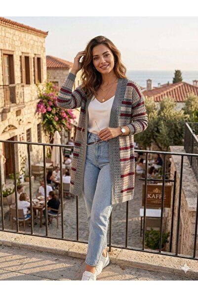 AKMAVİ Women's Striped Thin Knitwear Summer Cardigan