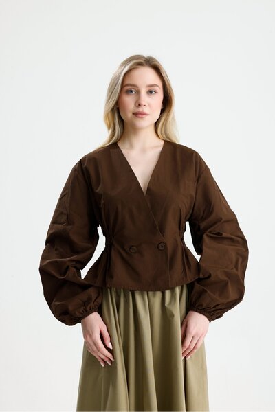 minaaise Women's Brown Waist Elastic Detailed Poplin Unlined Jacket 31039