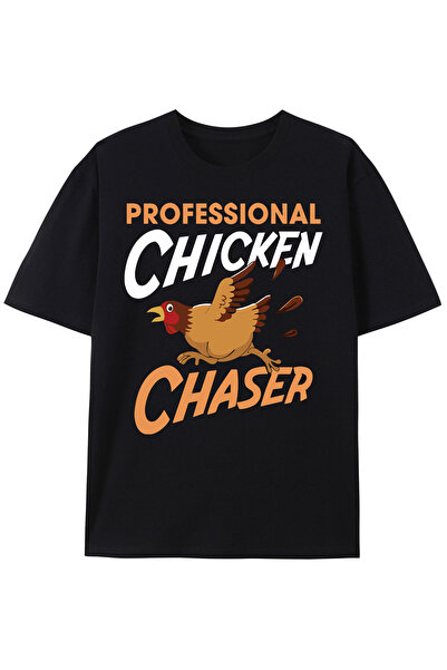 YIO YIO تي شيرت رجالي أنيق أسود بأكمام قصيرة مع طباعة "Professional Chicken C...