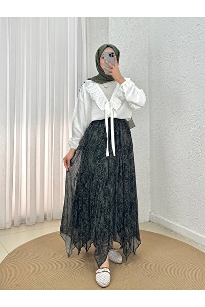 MİHRA STORE Vaha Patterned Asymmetrical Chiffon Skirt-Fa1077.3 Khaki