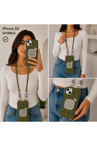 Nettech iPhone 15 Uyumlu Aynalı Taşlı Boyun Askılı Silikon Kılıf