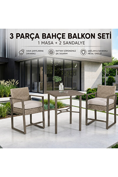 Evinizin Atölyesi 3 Parça Bahçe Balkon Masa Sandalye Seti Rattan Görünümlü, M...