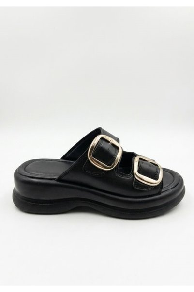 GNY AYAKKABI Women's Black Faux Leather Buckle Round Toe Thick Sole Slippers - Comfortable Casual Summer Slippers