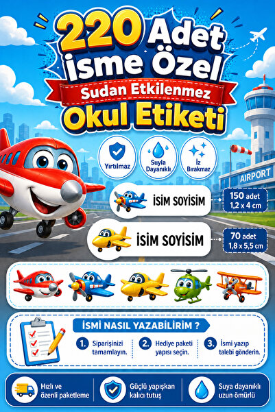 cabuk baskı Uçak Temalı Okul Etiketi 220 Adet Özel İsim Yazılabilen Suya Daya...