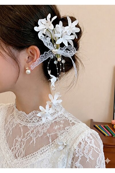 GlassySKY Jasmine Flower Lace Ribbon Figured Heart Detailed Hair Clip, Hair A...