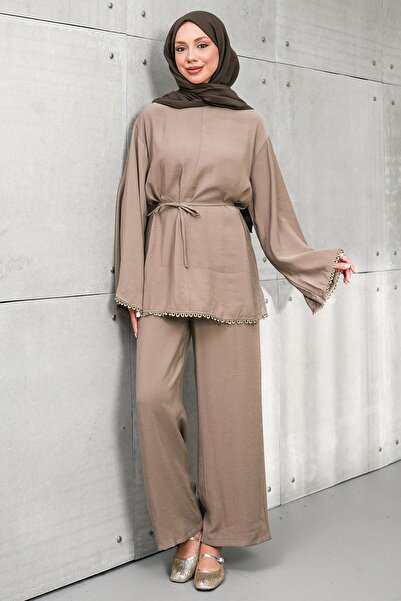 İmajButik Mink Waist-Tied Tunic and Trousers Set