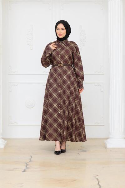 ELBİSHE Seasonal Dress with Buttons, Plaid Pattern, and Belt Detail