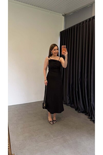 elif teke Askıları Farklı Toka Detaylı Keten Elbise Siyah