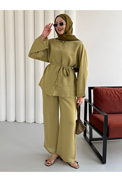 Modaensarbutik Oversize Gömlek Pantolon Tesettür Takım-YAĞ YEŞİLİ