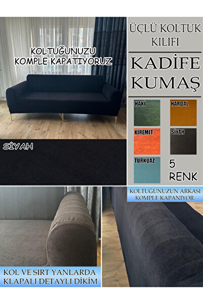 İLYEVTEKSTİLİ Kadife Kumaş 1 Adet Üçlü Koltuk Kılıfı, Komple Kaplama, Kadifen...