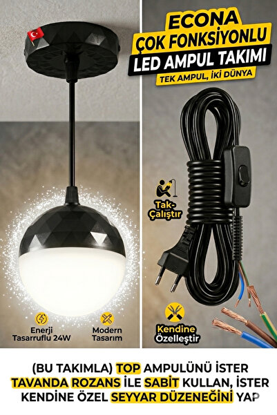 ECONA 24W Çok Fonksiyonlu Led Top Ampul Takımı ,Hem Tavan Askılı Hem Seyyar F...