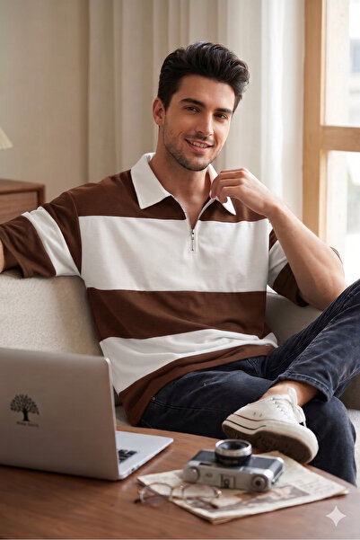 ALİ.COM Unisex Polo Collar Zippered Segmented Polo T-Shirt-Oversize Polo T-Shirt