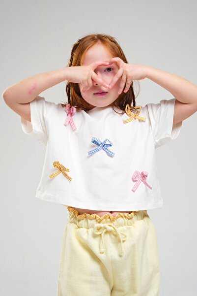 LOCO LOCO 3-8 Ribbon Detail Casual Tshirt Plaid Lace-Up Yellow Trousers Set
