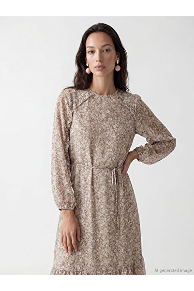 LC Waikiki Ruffled Crew Neck Floral Chiffon Dress
