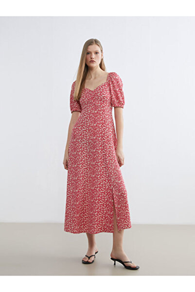 LC Waikiki Sweetheart Neckline Floral Balloon Sleeve Gathered Dress
