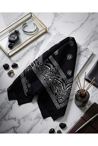 PİNPİN AKSESUAR SİYAH BEYAZ ETNİK DESENLİ %100 PAMUK BANDANA 55x55cm
