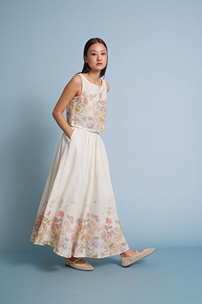 Nisan Flowered Long Skirt Beige