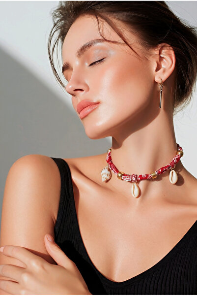 nevamor Red Sea Shell Bead Detailed Scarf Necklace