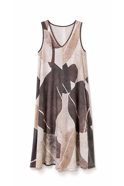 Zelish My Sister Coffee abstract patterned v-neck dress