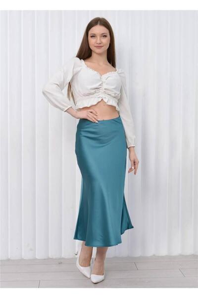 UTDU Flat Satin Skirt with Elastic Waist and Hidden Zipper on the Side