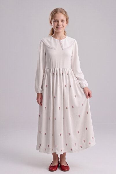 Pafim Girl's Viscose Dress, Tulip Embroidered Full Length Hijab Dress, Ages 7-14