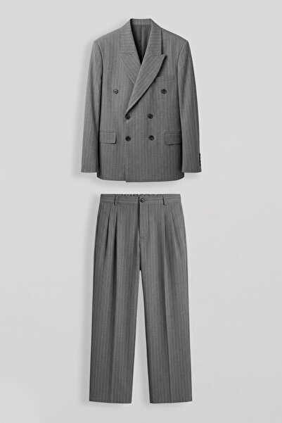 ablukaonline Men's Oversize Double-Breasted Striped Modern Suit Gray