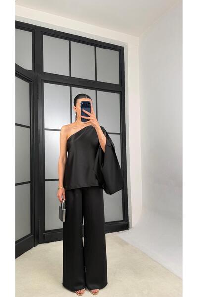 GAUS CO Siyah Yarasa Kol Bluz Beli Lastikli Pantolon Saten Takım GAUS-01528