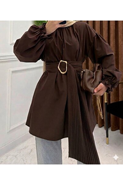 onlymoon Brown Cotton • Pleated Belt Detail Hijab Shirt Tunic • Oversized Com...
