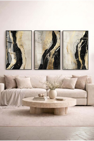 Zevahir Mobilya Dekorasyon Boho 3-Piece Glass Painting Set with Black and Gol...