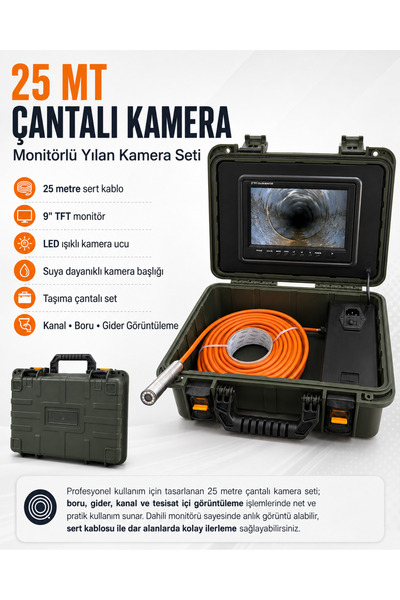 Sondax Makine Sanayi 25 Metre Monitörlü Yılan Kamera Seti Çantalı Boru Kanal ...
