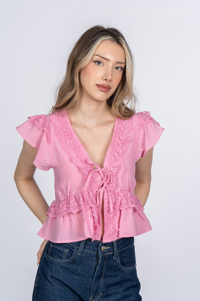 MissVina Mira Feminine Lace Detailed Front Tie Blouse 70074