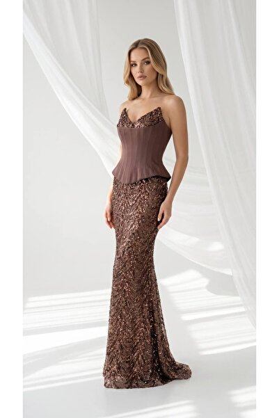 Hanımefendi Giyim Sequin Embroidered Strapless Mermaid Evening Dress