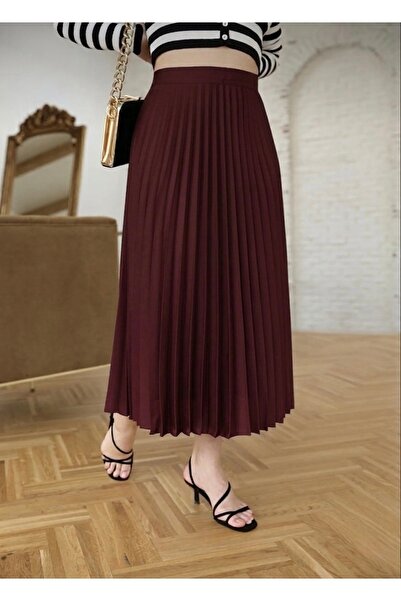 Bahar Altundemir Women's Crepe Fabric Lined Pleated Long Burgundy Skirt