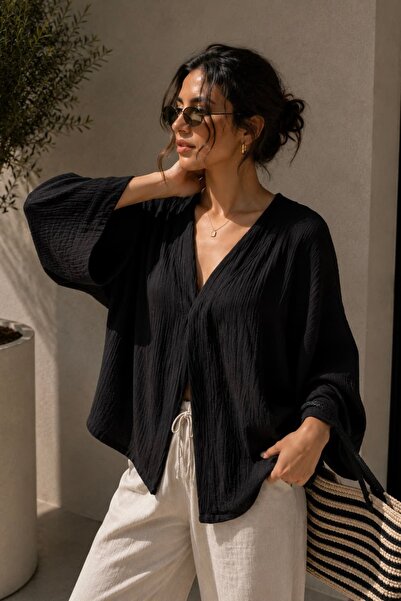 bb butik basic Women's Muslin Oversize Blouse Loose Cut Summer Basic Jacket M...