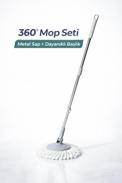 KEP 360 Derece Mop Seti Metal Saplı Püsküllü Başlıklı Temizlik Seti (KOVASIZ)