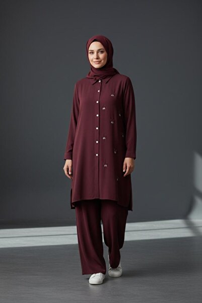 wiyana soff Plus Size Linen Stone Detailed Top-Bottom Set