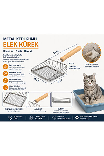 Karamel Pet Metal Kedi Kumu Elek Kürek Ahşap Saplı Paslanmaz Kum Küreği 26 cm