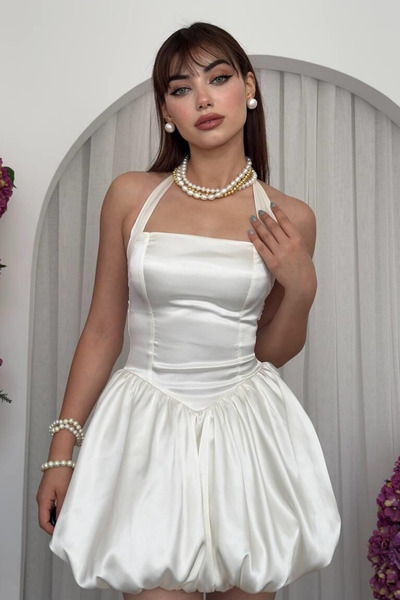 Clothes Fast Women's Satin Balloon Skirt Halter Neck Mini Dress - Slim Fit De...