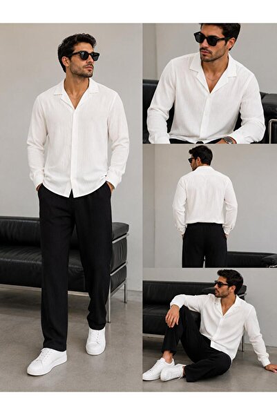 WENMİNG Bürümcük Crinkle Fabric Summer Lycra Men's Shirt and Pants Set