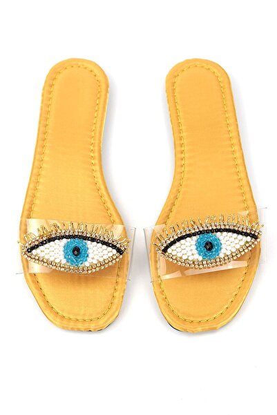 Gökhan Talay Eye Bead Yellow Shiny Satin Handmade Natural Stone Women's Slippers