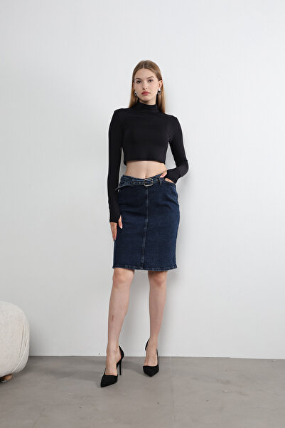 FIREVOGUE Short Skirt with Belt Lycra High Waist Dark Blue